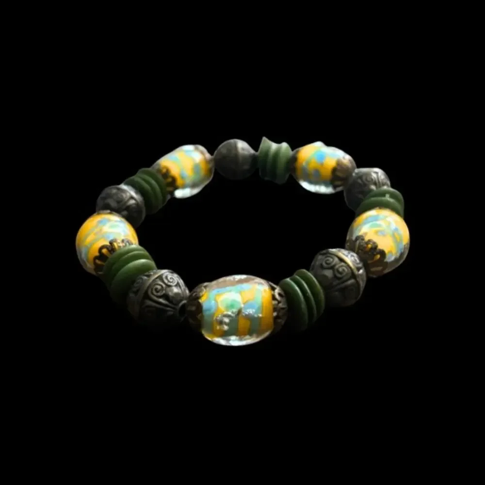 Vintage Yellow & Blue Murano Glass & Forest Green Bead Stretch Bracelet